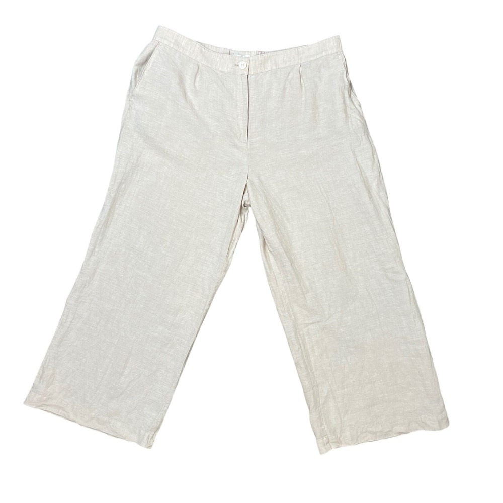 LOFT Womens Size 18 Tan 100% Linen Wide Leg Pants Elastic Back Coastal Classic